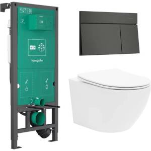 Rune Казанче за вграждане Hansgrohe iFrame 112 см с бутон iFrame Element E, четкано черно, плюс бяла тоалетна чиния Rune Ivaldi с капак softclose (01022180+66003340+5940541330400)
