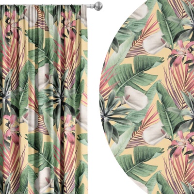 Soovi Home Zatemňovací záves Sunny Tropic – tropické listy a kvety na veselom žltom podklade Veľkosť: 140x250 na riasiaci pás