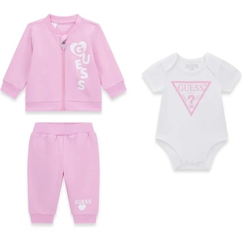 Guess Бебешки комплект за момиче със суичър и панталон в розово и бяло късо боди Guess