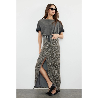Trendyol Multicolored Leopard Patterned Brown Midi Denim Skirt čierna