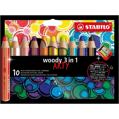 STABILO Комплект цветни моливи, Stabilo, Woody Arty 3 в 1 + острилка ST880/10-1-20, 10 цвята (ST880/10-1-20)