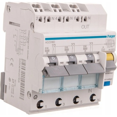 Hager Proudový chránič s jističem RCBO 3x1P+N B16A 0,03A Typ A 6kA RCBO