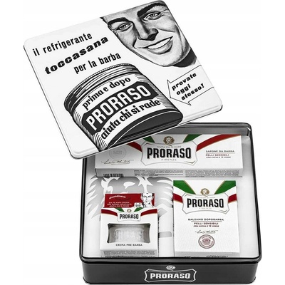 Proraso White balzám po holení 100 ml + mýdlo na holení 150 ml + krém před holením 100 ml + plechová dóza dárková sada