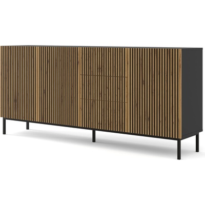 BIM Furniture Комод Ravenna F 200 3D3S боядисан фрезован MDF, черно/дъб артисан (RAVENNACABBMOAKBF)