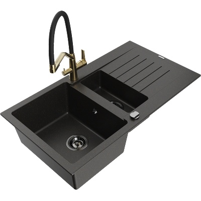 Mexen Matias гранитна мивка 1, 5-коморна с отцедник и кухненски смесител Duo, черен/златист металик - 6502-75-671701-57-B (6502-75-671701-57-B)