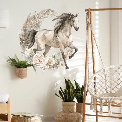 INSPIO 9273f Samolepky na zeď - Hnědý kůň v boho stylu, velikost 90 x 100 cm