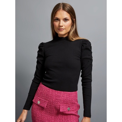 Moodo Черна дамска рипсена блуза с буфан ръкави и ролка Moodo Moodo | Cheren | ЖЕНИ | XS