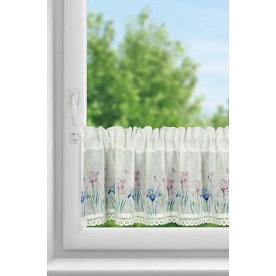 Kuchynská záclonka DOLOREZ zdobená kvetinovou potlačou a čipkou 150 x 30 cm
