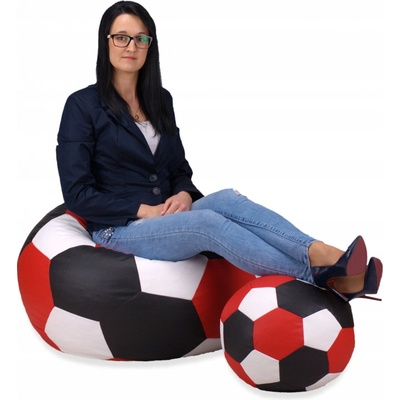 Jaks sedací vak XXXL fotbalový míč + podnožka 100x100x60 cm bílo - černo - červený