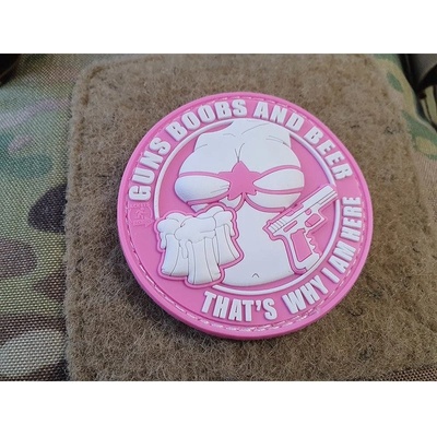JACKETS TO GO Nášivka GUNS BOOBS AND BEER velcro plast RŮŽOVÁ