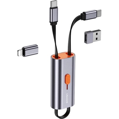 USAMS 4-in-1 Multifunctional USB-C Storage Cable PD 60W - универсален USB-C кабел с USB-C към Lightning и USB-C към USB-А адаптери (30 см) (тъмносив)