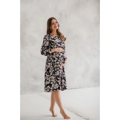 Těhotenské kojící šaty Lovely Midi Dress Black print dl.rukáv
