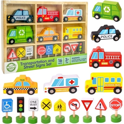 Woopie toys Sada drevených autíčok a dopravné značky