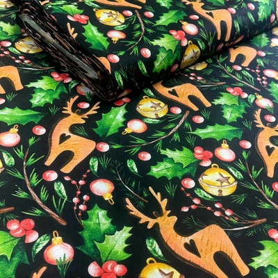 Vánoční bavlněná látka, metráž, šíře 160 cm, Vánoční motiv na Černém