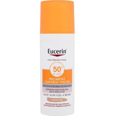 Eucerin Sun Protection Pigment Control Tinted Gel-Cream SPF50+ слънцезащитен тониращ гел-крем против пигментни петна 50 ml нюанс Medium за жени