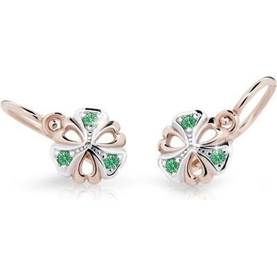 Danfil dětské náušnice kytičky C2230 z růžového zlata s kamínky Emerald Green zapínání brizura