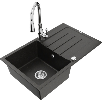Mexen Bruno гранитна мивка с 1 отделение и отцедник и кухненски смесител Savita, черно/златист металик - 6513-75-672601-00 (6513-75-672601-00)