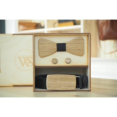 Wood Style Set Hranatý Dub opasek motýlek a manžetové knoflíčky černá