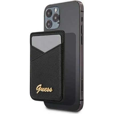 GUESS Saffiano Magnetic Wallet - кожен портфейл (джоб) за прикрепяне към iPhone с MagSafe (черен)