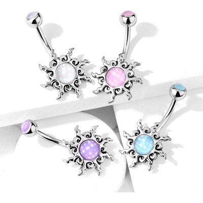 Šperky eshop ocelový piercing do pupíku tribal slunce s epoxidovou kuličkou rhodiovaný povrch AA22.04 Aqua modrá