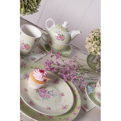 Clayre & Eef Zelený porcelánový jedálenský tanier s kvetmi Cheerful Birdie 26 cm