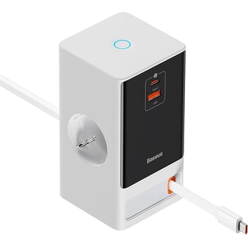 Baseus PowerCombo Power Sstrip 65W - разклонител с 1 изход и вградени 1xUSB-A, 1xUSB-C изхода за мобилни устройства (бял)