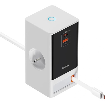 Baseus PowerCombo Power Sstrip 65W - разклонител с 1 изход и вградени 1xUSB-A, 1xUSB-C изхода за мобилни устройства (бял)