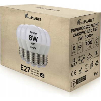ecoPLANET 5x LED žiarovka E27 G45 8W 700lm studená biela