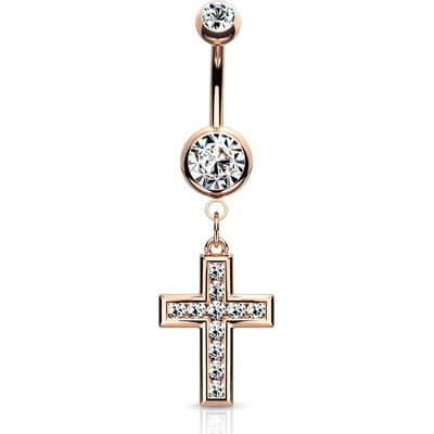 Šperky4U Zlacený piercing do pupíku křížek čiré zirkony WP0034-RDC
