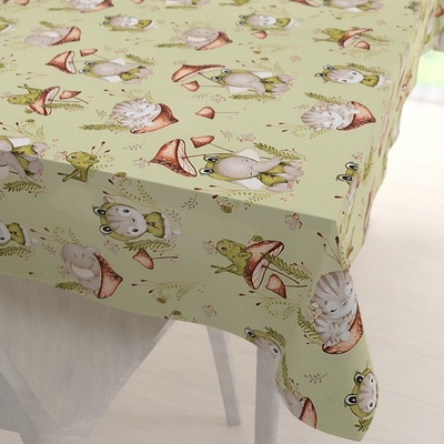 Biante Dětský bavlna obdélníkový ubrus Sandra SA-474 Žabky a zvířátka mezi houbami na zeleném 80x120 cm