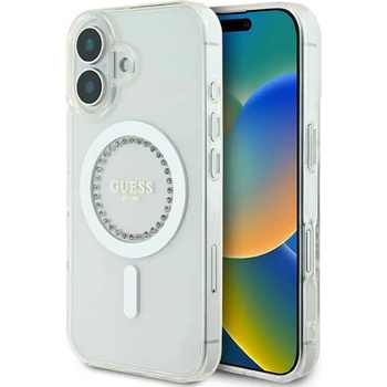 GUESS Калъф Guess IML Rhinestones MagSafe за iPhone 16 - бял