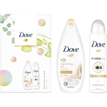 Dove Nnourishing Revitalizing Silk sprchový gel 250 ml + Invisible Dry Clean Touch antiperspirant sprej 150 ml dárková sada