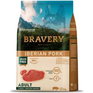 Bravery iberian pork adult dog medium & large, натурална, хипоалергенна храна, БЕЗ ЗЪРНО за пораснали кучета от средни и едри породи над 1 година, с иберийско свинско месо, Испания - 12 кг
