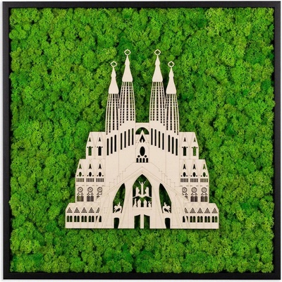 Lišejníkový obraz s dřevěným světovým monumentem Černé dřevo, Sagrada Família