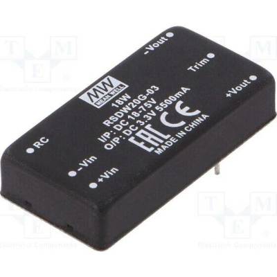 MEAN WELL RSDW20G-03 Měnič: DC/DC; 20W; Uvst: 18÷75VDC; Uvýst: 3,3VDC; Ivýst: 5500mA; DIP