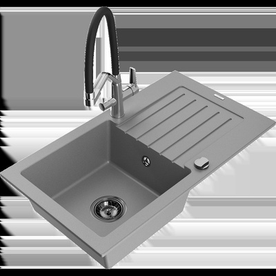 Pablo гранитна кухненска мивка с една камера с оттичаща повърхност и кухненски смесител Duo, сив - 6510-71-671701-07-B (6510-71-671701-07-B)