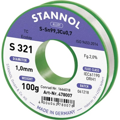Stannol S321 2,0% 1,0MM SN99,3CU0,7CD 100G bezolovnatý pájecí cín bez olova, cívka Sn99,3Cu0,7 ORH1 100 g 1 mm