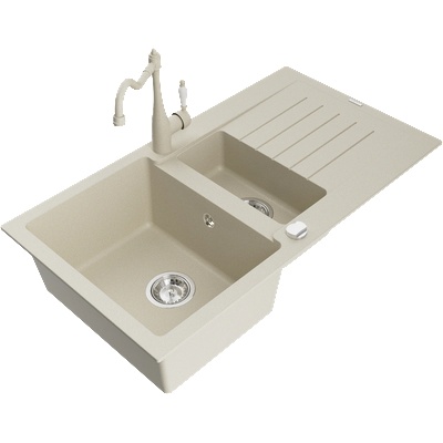 Mexen Matias гранитна мивка 1, 5-камерна с отцедник и кухненски кран Carla, бежов - 6502-69-670700-69 (6502-69-670700-69)