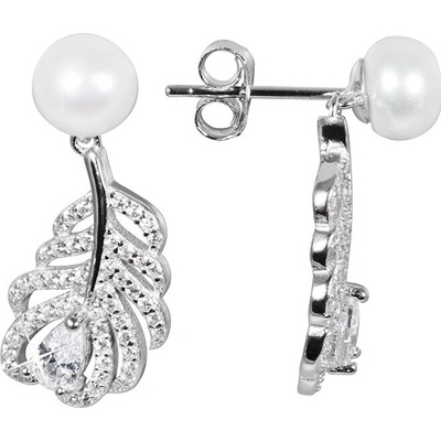 JwL Luxury Pearls perlové náušnice pierka s bielou pravou perlou a zirkónmi JL0536