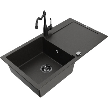 Mexen Leo гранитна мивка с 1 отделение със сушилка и кухненски смесител Carla, черен/златен металик - 6501-75-670700-70-B (6501-75-670700-70-B)