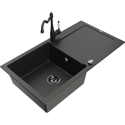 Mexen Leo гранитна мивка с 1 отделение със сушилка и кухненски смесител Carla, черен/златен металик - 6501-75-670700-70-B (6501-75-670700-70-B)