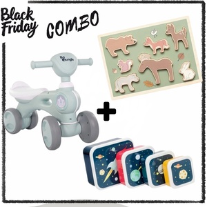  BF Combo: Bo Jungle: Музикално колело "Синьо" + Jabadabado: Дървен пъзел - Горски животни + A little lovely company: Сет от 4 кутии за храна (дизайн по избор) (BJ-B920050+JB-T278+SBSESP21)