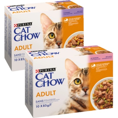 PURINA Cat Chow krmivo pro dospělé kočky s lososem a zelenými fazolkami v želé 10x85 g + s jehněčím masem a zelenými fazolkami v želé 10x85 g