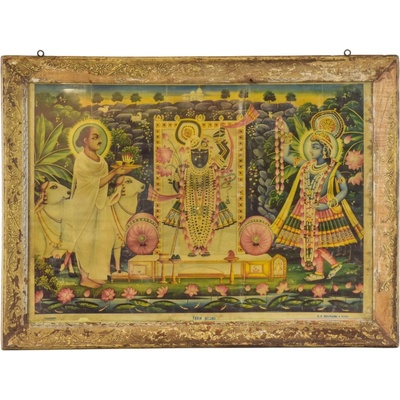 Sanu Babu Starý obraz v teakovém rámu, Krišna a Rádha, 56x42cm