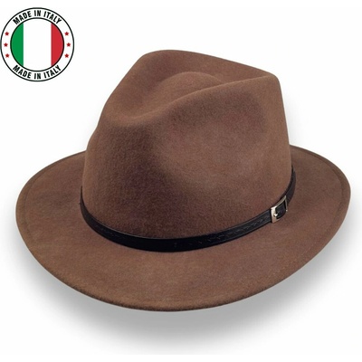 Vlněný Fedora klobouk plstěný s koženou stuhou P-2016801 hnědý
