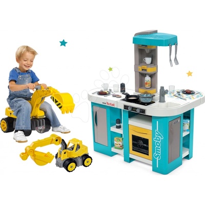 Smoby Set kuchynka elektronická Tefal Studio 360° XL Bubble a bager Maxi Power so sedadlom a autíčko