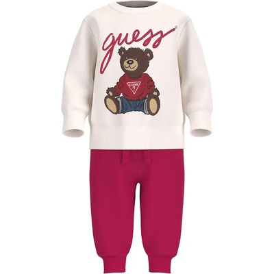 Guess Комплект за бебе момиче с бяла блуза с мече и червен спортен панталон Guess