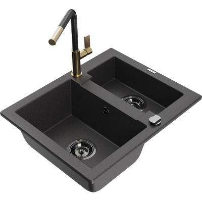 Mexen Carlos гранитна мивка с 1, 5 камери и кухненски смесител Flora, черен накъпкван - 6518-76-670401-75-B (6518-76-670401-75-B)