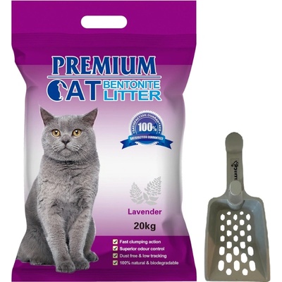 Premium Cat Премиум котешка тоалетна с бентонит - Лавандула за котки 20 кг + безплатна лопатка за котешка тоалетна