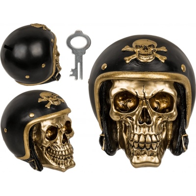 GiftyCity Pokladnička Lebka s motorkářskou přilbou zlatá černá – Zboží Mobilmania
